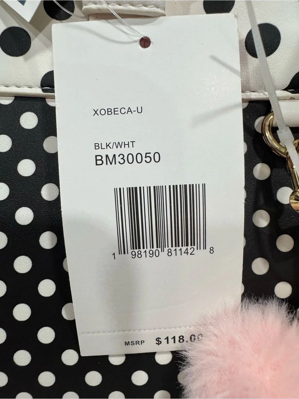 Betsey Johnson Black & White Polka Dot Satchel with Pink Heart Charm